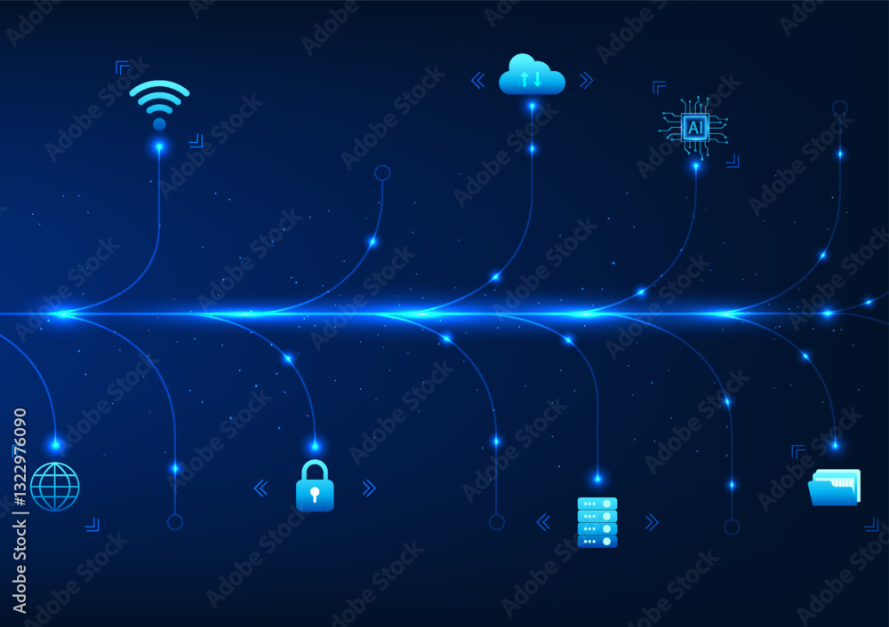 Poster big data technology background. branched lines represent high-speed transmission of cyber data to so