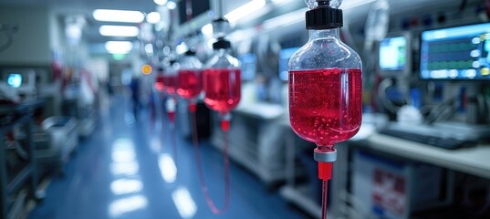red donor blood bag and medical equipment in the background, bed in a hospital room