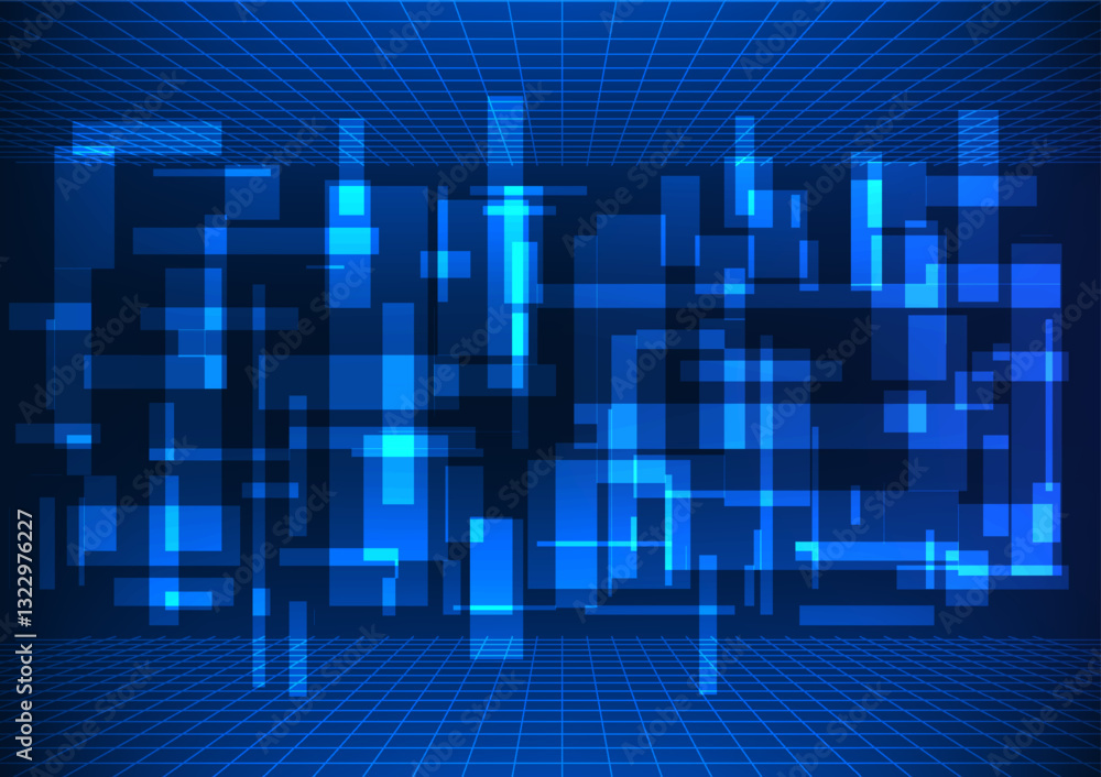 Poster abstract technology background. geometric shapes overlapping squares with grid lines through them to