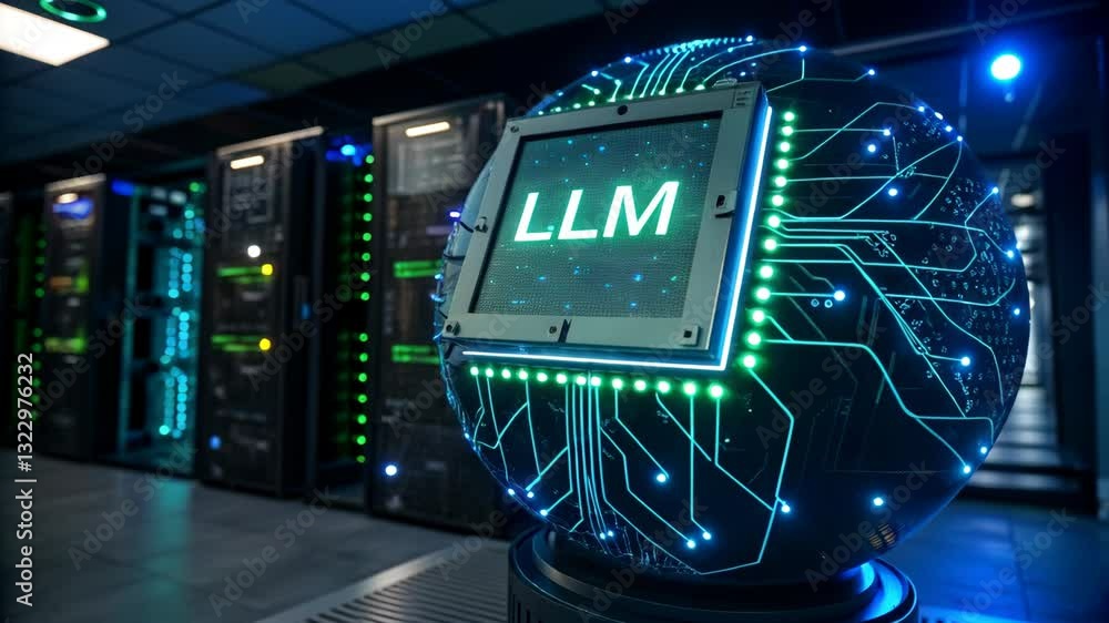 Poster llm, large language model conceot, illuminated spherical object showcasing llm technology in data ce