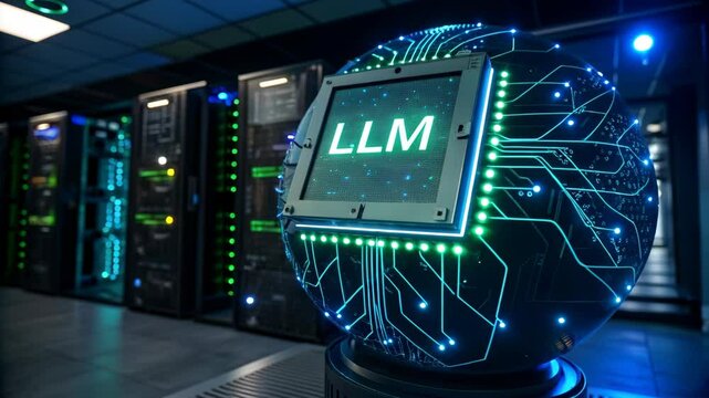LLM, large language model conceot, Illuminated Spherical Object Showcasing LLM Technology in Data Center with Advanced Servers