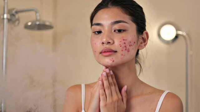 Mirror Reflection: A Young Woman with Acne, examining skin problems, as she touches her face in the mirror, showing skin issues in the reflection, emphasizing the common concerns about beauty