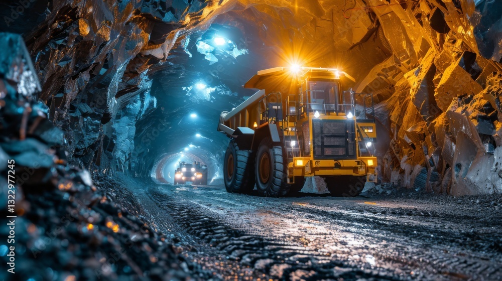 Poster a large dump truck drives through a dimly lit mining tunnel surrounded by glowing rocks and soil. th
