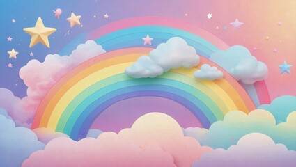Holographic Fantasy Rainbow Background with Clouds and Stars, Pastel Sky, Magical Abstract Pattern

