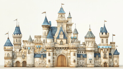 Fototapeta premium A beautifully illustrated enchanted castle, featuring cream-colored stone and sapphire blue rooftops