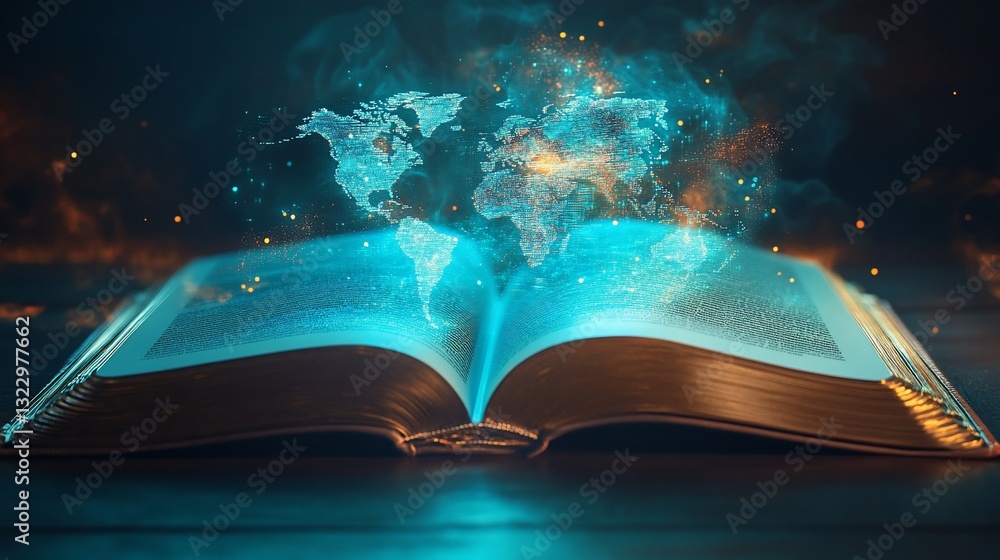Aufkleber a glowing world map appears from within the pages of an open book on a table