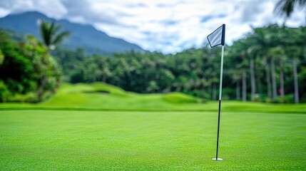 Obraz premium A flagstick waving in the wind on a professional-level golf course.