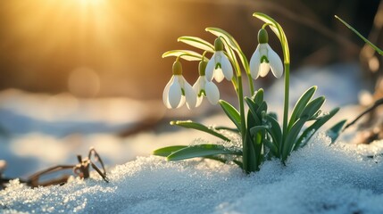 Snowdrops blooming through snow at sunset announcing spring arrival