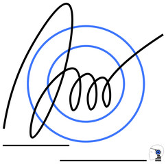 Hand-drawn digital signature overlined with black and blue concentric shapes emphasizing verification and efficiency. Ideal for security, identity, authentication, personal branding, technology