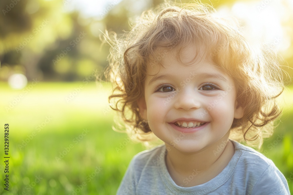 Poster smiling child enjoys sunny day in park while surrounded by green grass and natural light