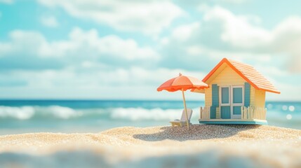 Fototapeta premium Miniature Beach House Model on Sandy Shore with Ocean View: Summer Vacation Dream Home