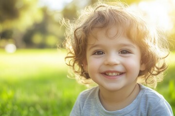 Smiling child enjoys sunny day in park while surrounded by green grass and natural light