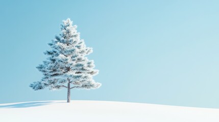 Fototapeta premium Solitary Snow-Covered Pine Tree on a Winter Landscape Under a Pale Blue Sky A Minimalist Winter Scene