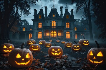Fototapeta premium Spooky Halloween Scene of Hidden Pumpkins in a Haunted Chateau with Eerie Night Atmosphere