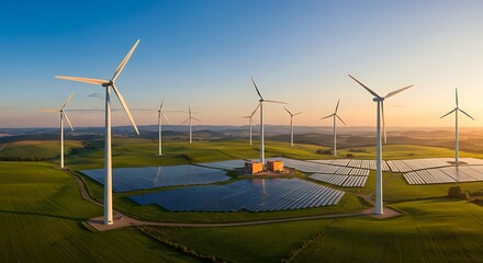 Aerial View of Wind Turbines and Solar Panels at Sunset
