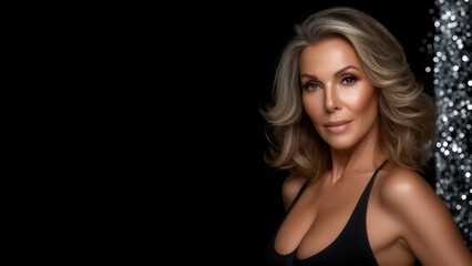 Fototapeta premium Beautiful Woman in Her Forties: Through an f/1.8 Lens, Standing at the Right Third, Flawless Skin Contrasts with Matte Black and Silver Gleam