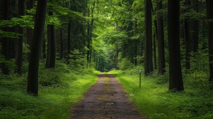 Obraz premium Path leading through lush green forest in springtime