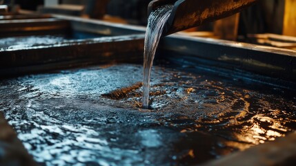 Molten metal pouring into container at steel foundry: liquid aluminium flowing in a casting process