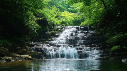 Fototapeta premium Lush green forest surrounding cascading waterfall, peaceful natural scenery