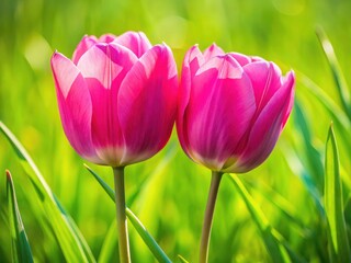 Obraz premium Pink Tulip Panoramic Spring Closeup - Joyful Spring Background Shallow Depth of Field