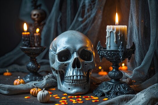 Spooky Halloween Still Life Featuring Crystal Skull Enchanted Candleholder and Dark Shadows