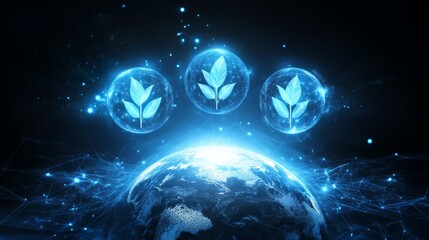 Glowing blue spheres with green leaf patterns floating above low-poly Earth, symbolizing global sustainability and technology in a futuristic digital illustration.