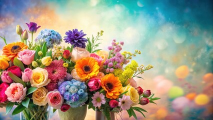 Vibrant Spring Bouquet A Colorful Arrangement of Roses, Gerbera Daisies, Tulips, and Other Blossoms in Vases Against a Dreamy Background