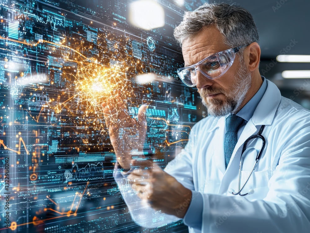 Poster innovative scientist analyzing data laboratory digital technology modern environment close-up view r