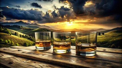 Golden Hour Relaxation Three glasses of amber liquid rest on a rustic wooden table, overlooking a serene landscape bathed in the warm glow of a breathtaking sunset.