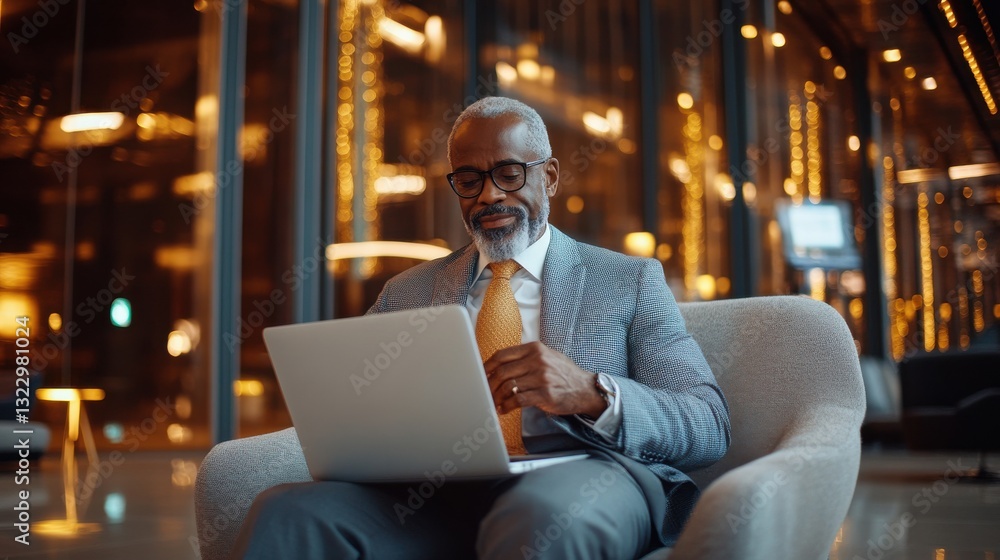 Poster a man in a suit and tie is sitting in a chair with a laptop in front of him