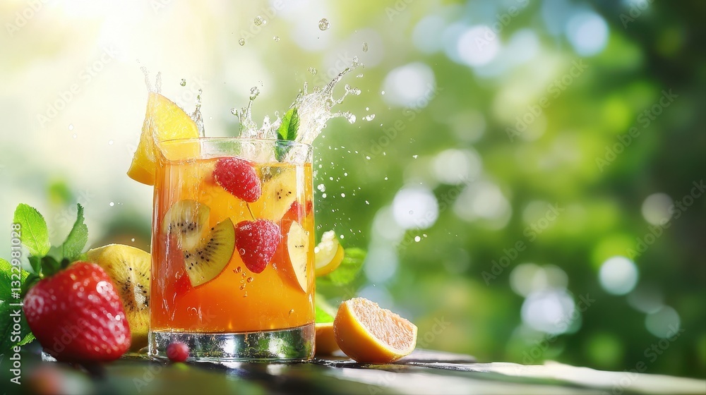 Poster a glass of colorful fruit juice with ice cubes splashing creating a refreshing and inviting summer b