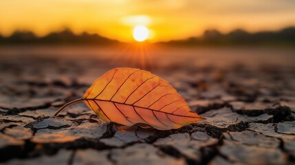 Dry cracked land with fallen leaf during sunset illustrating global warming