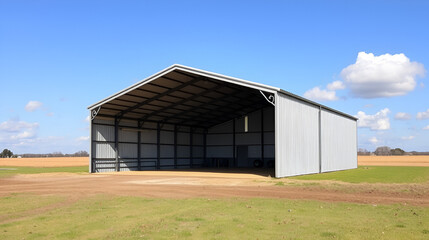 Obraz premium Large steel farm shed standing open on farmland