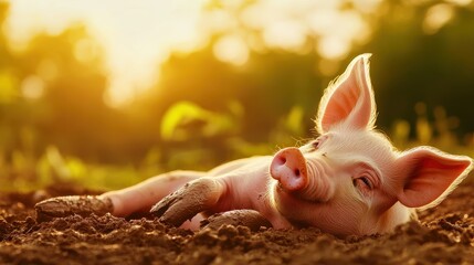 Playful piglet rolling happily in the mud with a joyful expression under the sunny sky in a charming farmyard setting