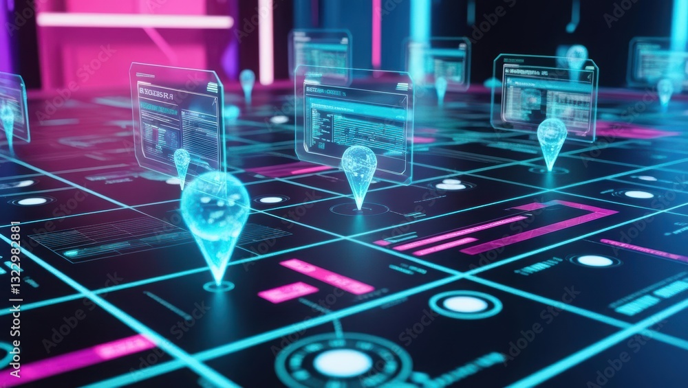 Poster futuristic augmented reality interface featuring multiple user interfaces in vibrant cyberpunk color