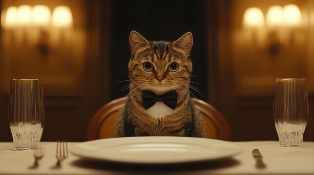 Stylish cat wearing a bow tie sitting elegantly at a dinner table with a classy and playful attitude