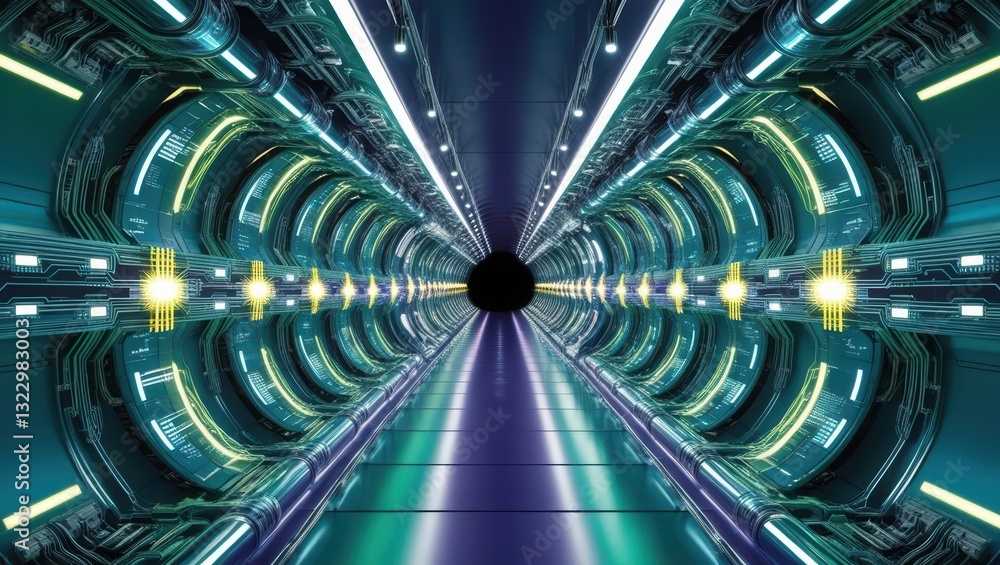 Poster immersive abstract tech circuit tunnel with glowing lights and interconnected circuits in perspectiv