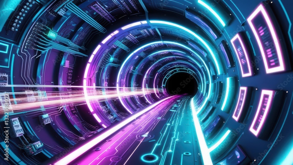 Poster neon lights illuminating a futuristic tech circuit tunnel with glowing elements and immersive design