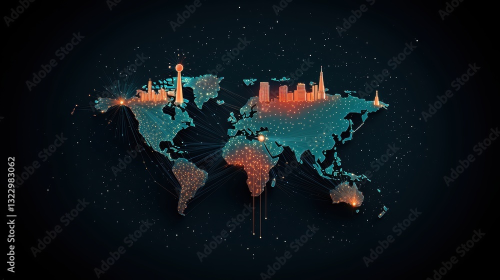 Poster global distribution network maps: a stylized world map with colorful lines connecting major cities, 