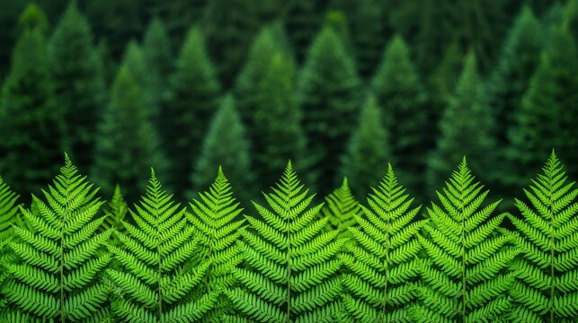Concept of the Environment World Earth Day. Lush green ferns in the foreground with a backdrop of dense evergreen trees.
