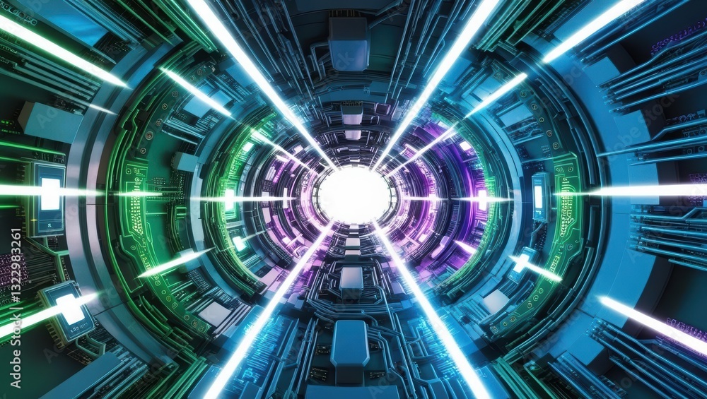 Poster futuristic spaceship with neon lights flying through an abstract tech circuit tunnel of energy