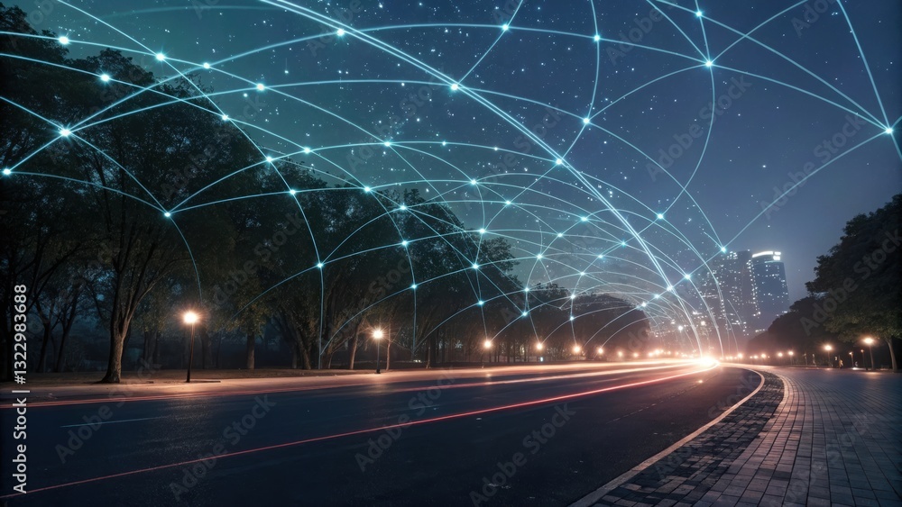 Aufkleber a street scene representing ai-powered algorithm flow with a mesmerizing blend of light trails