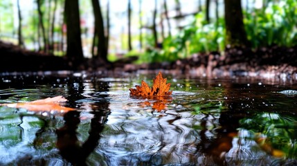 Fototapeta premium Tranquil Stream Reflection Autumn Leaf on Calm Water
