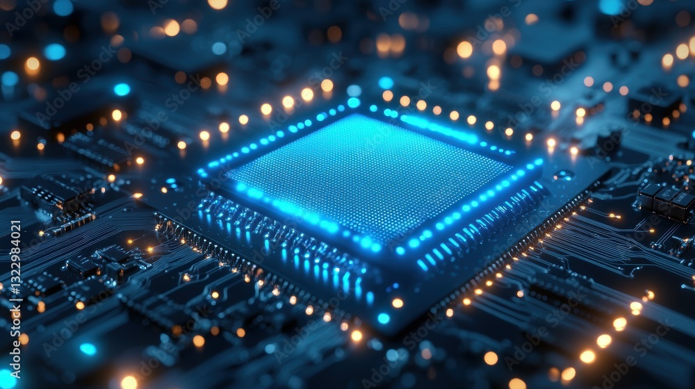 Poster close-up of neon blue microchip representing ai technology in a high-tech digital art lab