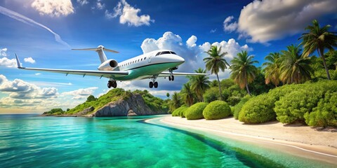 Fototapeta premium Private Jet Landing Exotic Island Paradise: Luxury Travel, Private Aviation, Jet Charter, Scenic Flight