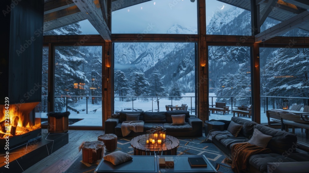 Aufkleber warm glow from the fireplace contrasts with the snowy scenery outside, creating a serene atmosphere 