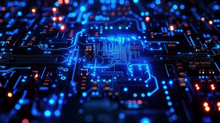 Fototapeta premium Futuristic electric blue circuit board pattern, showcasing intricate technology details and digital connectivity in a modern high-tech style.