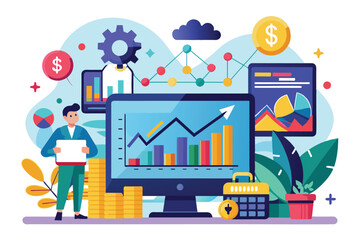 A professional analyzes stock market trends using digital screens displaying charts and graphs with data, Stock market analysis concept