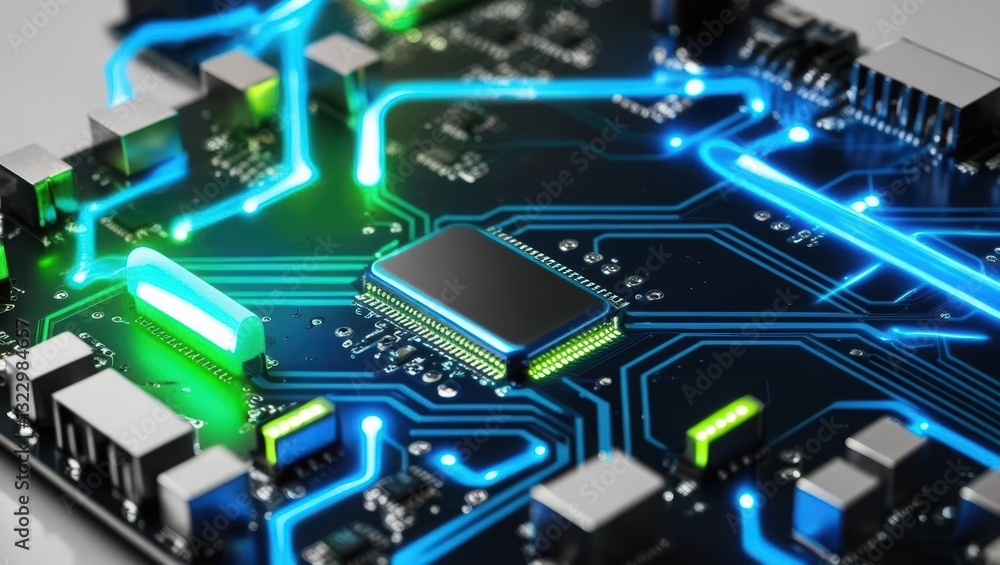 Poster computer circuit with green and blue lights featuring illuminated pathways in modern technology desi