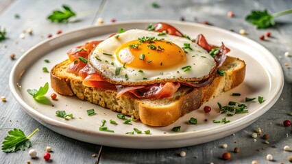 Savory Breakfast Toast Topped with a Fried Egg and Cured Meat, Garnished with Fresh Herbs on a Plate